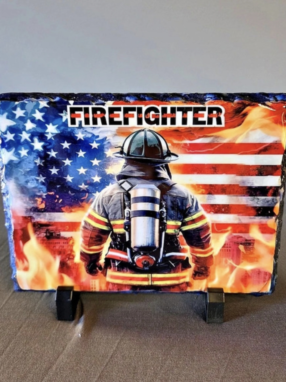 Firefighter American Flag Slate Plaque with Stand 8x6